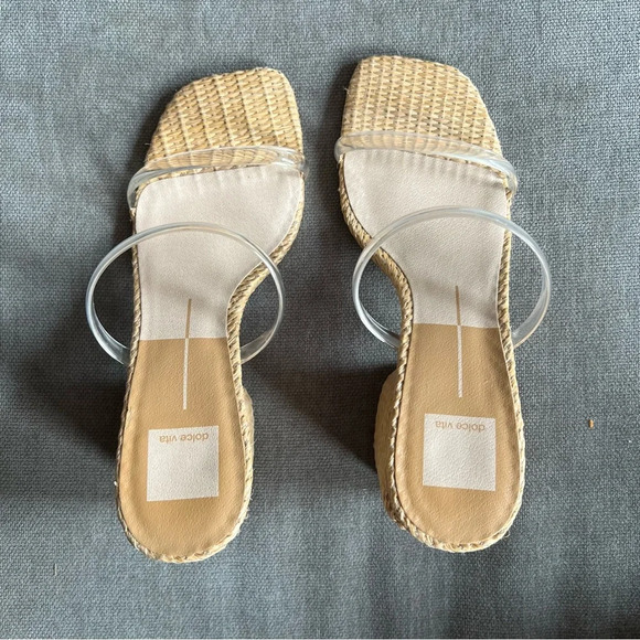 Dolce Vita Natie rattan straw block heel clear strap sandal tan size 8 - Picture 5 of 6